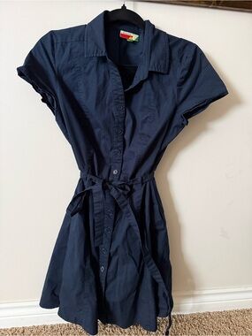 Navy Short-Sleeve Button-Front Shirt Dress with Tie Waist